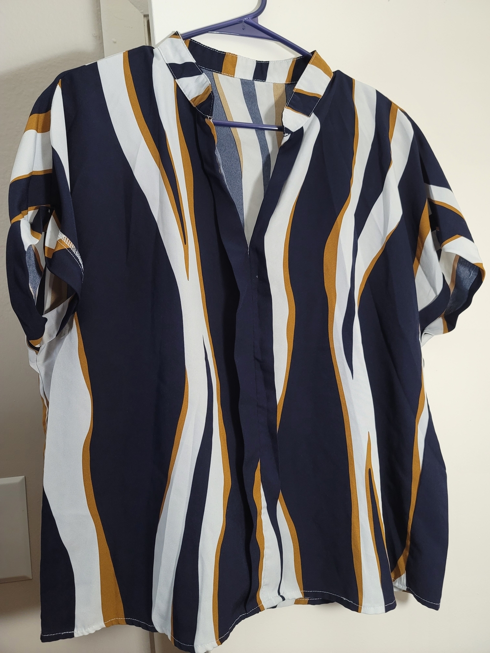 Women's Navy Wave-Stripe Short Sleeve Blouse with Mustard Accents